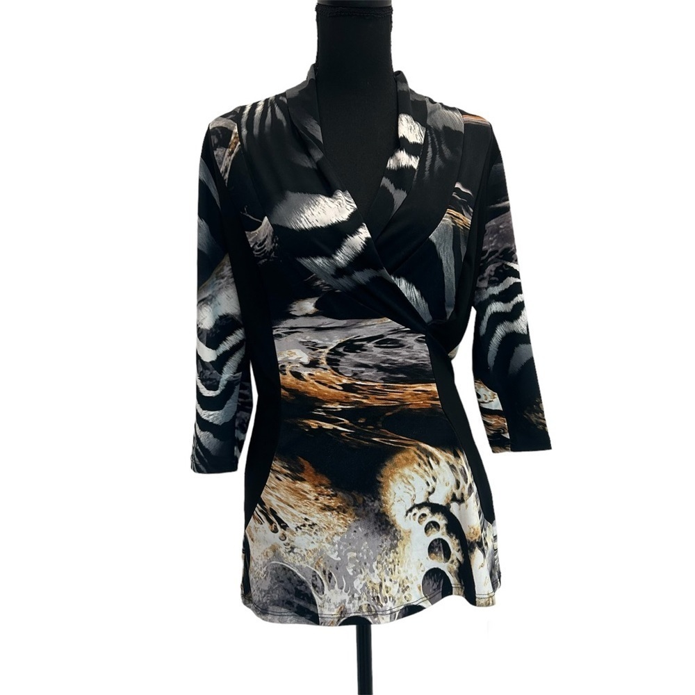 Frank Lyman black cream animal print multicoloured V- neck faux wrap blouse Sz 8